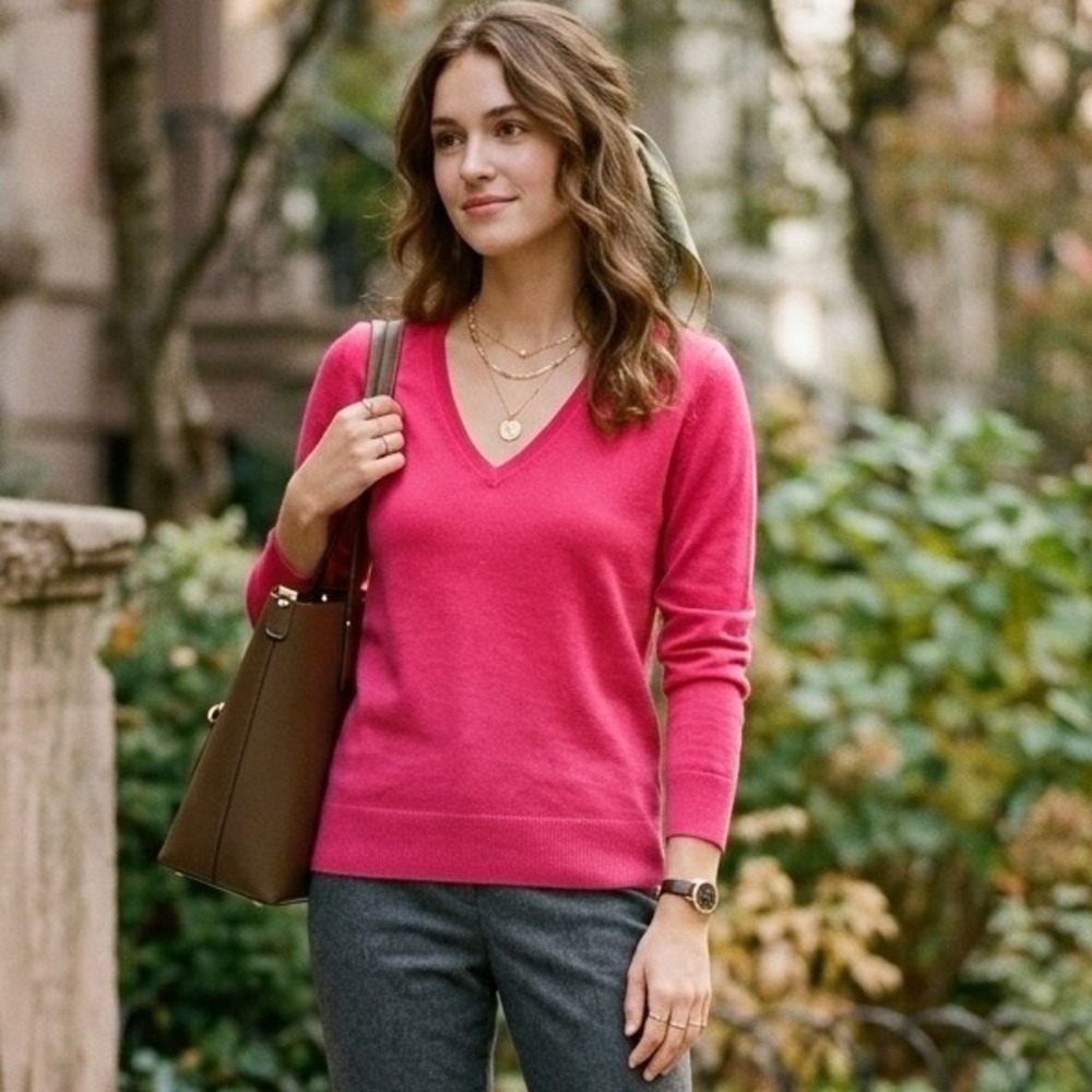 Henri‎ Bendel V-Neck Sweater Womens Large Red Pink 100% Silk Fine Knit Luxury